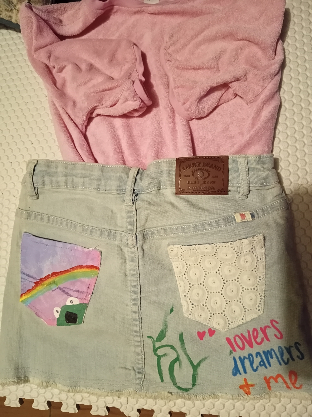 Lucky Brand Girls Light Blue Denim Skirt with Pink Top and Painted Details